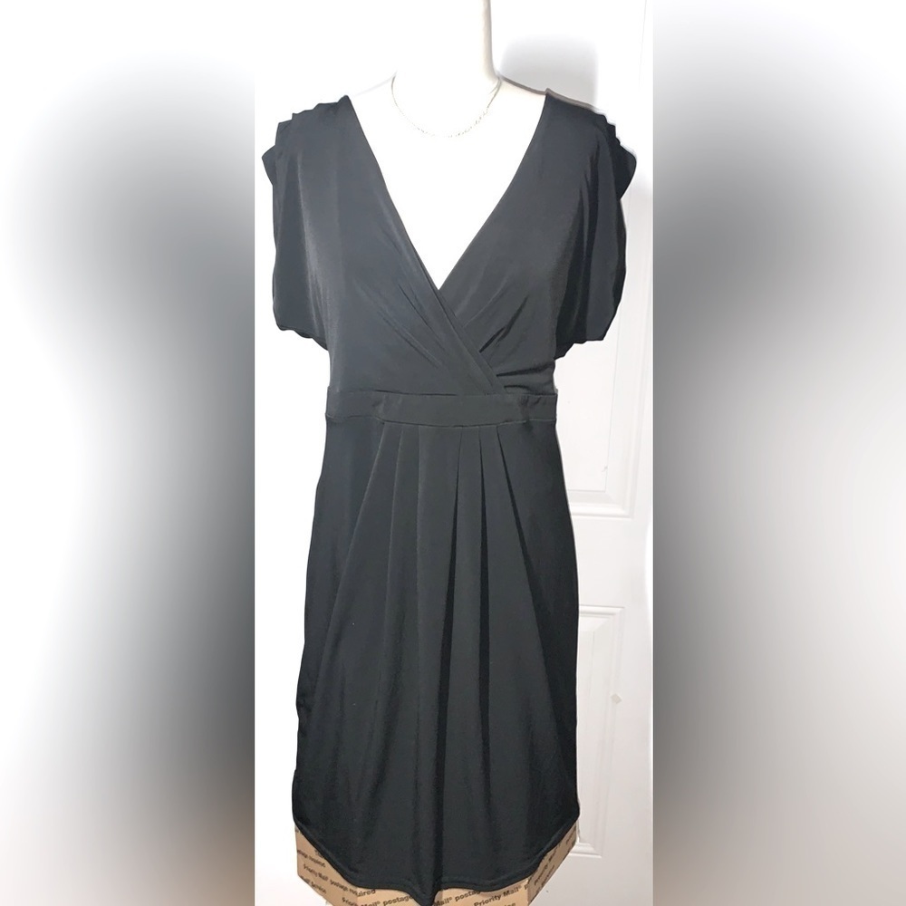 Essentials by ABS Black Dress Midi V neck Short Sleeves Size 10